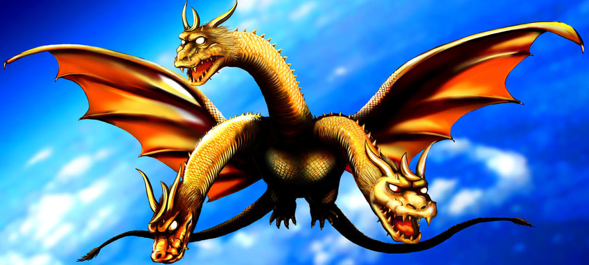 clouds dragon flying godzilla_(series) golden_skin hi_res horn kaiju king_ghidorah multi_head multiple_tails not_furry scales sky solo unknown_artist white_eyes wings