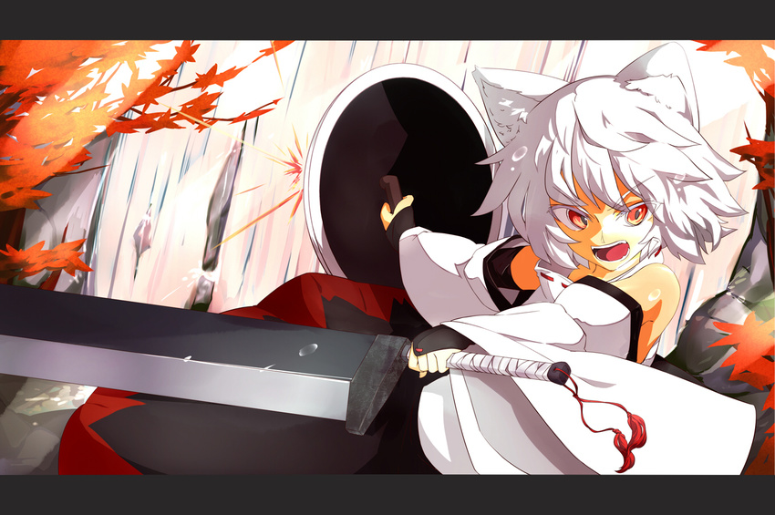 animal_ears detached_sleeves inubashiri_momiji kokutei_n letterboxed open_mouth red_eyes shield silver_hair solo sword touhou weapon wolf_ears