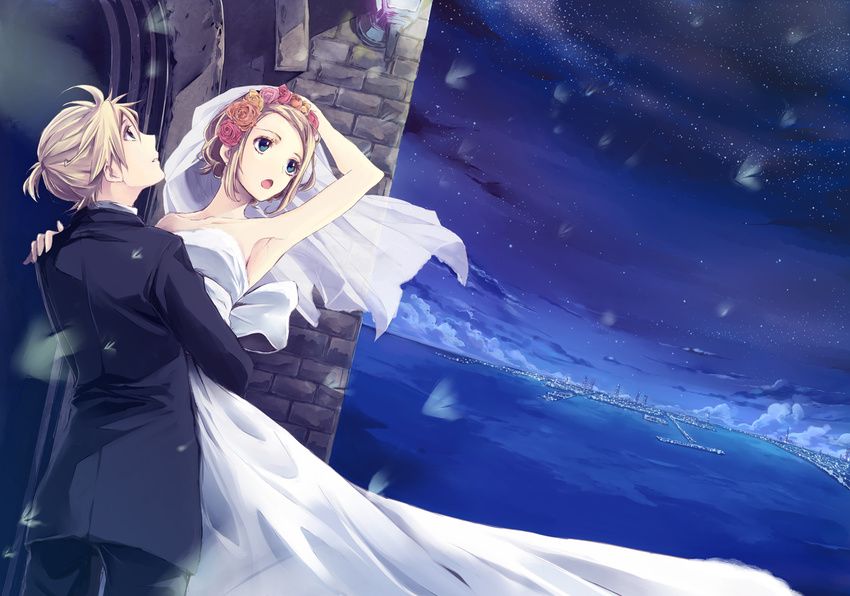 1girl armpits blonde_hair blue_eyes bridal_veil brother_and_sister carrying cloud couple dress flower formal hair_flower hair_ornament hetero hug incest kagamine_len kagamine_rin mayumelo night night_sky ocean open_mouth rose scenery siblings sky suit twins veil vocaloid wedding_dress