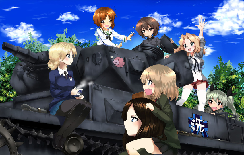 6+girls anchovy anglerfish anzio_military_uniform bangs black_footwear black_legwear black_skirt blazer blonde_hair blouse blue_eyes blue_skirt blue_sweater braid brown_eyes brown_hair carrying cloud cup darjeeling day dress_shirt emblem fang girls_und_panzer green_hair green_jacket green_skirt grey_jacket grey_shirt ground_vehicle hair_ribbon highres insignia jacket katyusha kay_(girls_und_panzer) kuromorimine_school_uniform loafers long_hair long_sleeves military military_uniform military_vehicle miniskirt motor_vehicle multiple_girls neckerchief necktie nishizumi_maho nishizumi_miho nonna odd_one_out ooarai_(emblem) ooarai_school_uniform open_clothes open_jacket open_mouth pantyhose panzerkampfwagen_iv pleated_skirt pravda_school_uniform red_shirt red_skirt ribbon saunders_school_uniform school_uniform serafuku shirt shoes short_hair shoulder_carry sitting skirt sky sleeves_rolled_up smile st._gloriana's_school_uniform standing sweatdrop sweater tank tea teacup thighhighs tied_hair trait_connection tree turtleneck twin_braids twintails uniform v-neck white_blouse white_legwear white_shirt youmou_usagi