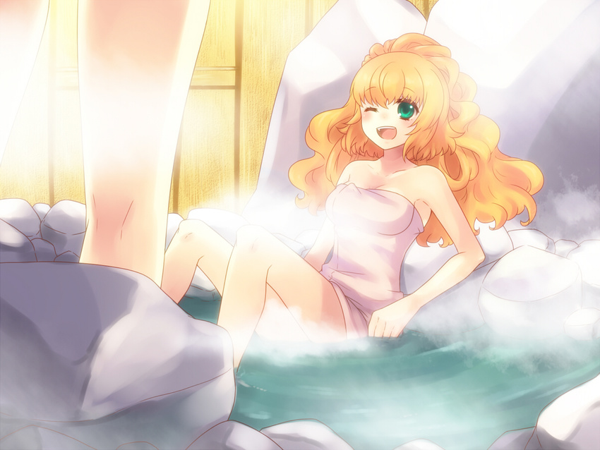 blonde_hair green_eyes happy long_hair naked_towel one_eye_closed onsen open_mouth sitting solo_focus steam tales_of_pixiv towel water