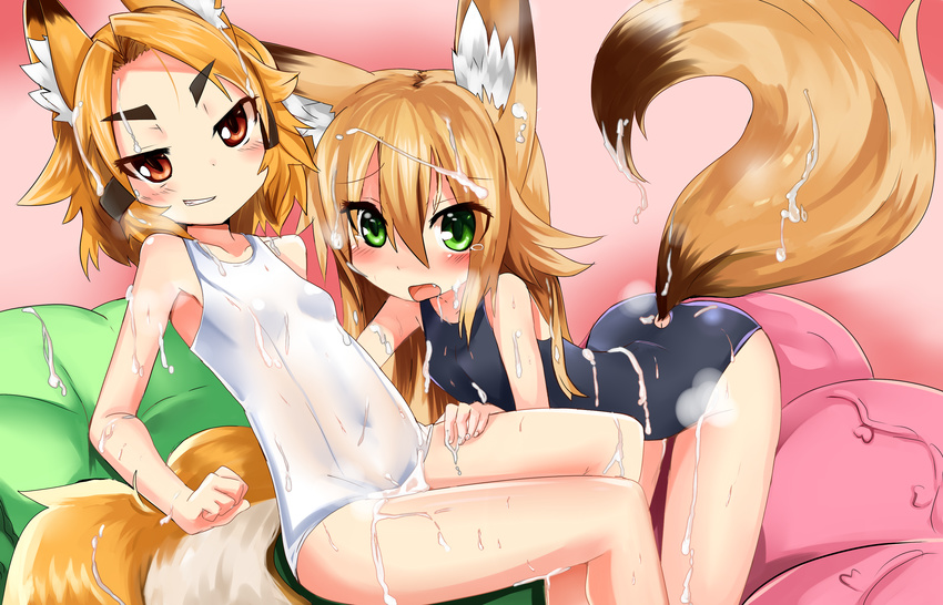 absurdres animal_ears blush brown_eyes brown_hair crying cum cum_on_body cum_on_lower_body cum_on_tail cum_on_upper_body eyebrows fang fox_ears fox_tail green_eyes grin haik highres kokonoe_tsubaki kurenai_tsubaki long_hair multiple_girls one-piece_swimsuit open_mouth orange_hair original school_swimsuit smile swimsuit tail