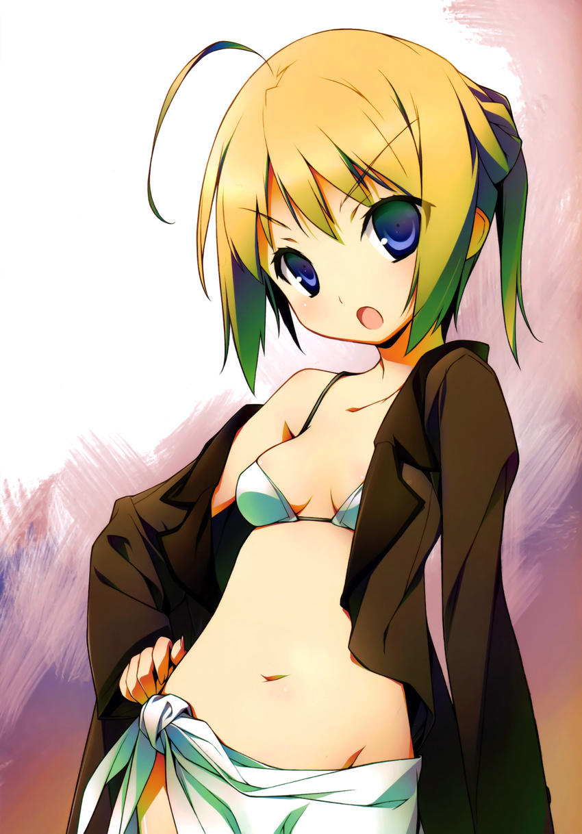 :o absurdres bikini blazer blue_eyes breasts hand_on_hip highres huge_filesize jacket kikuchi_seiji konoe_subaru mayo_chiki! navel off_shoulder open_mouth orange_hair ponytail sarong scan short_hair small_breasts solo stomach swimsuit v-shaped_eyebrows white_bikini white_sarong