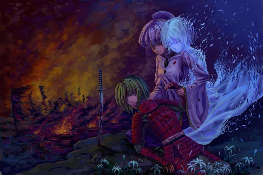 absurdres after_battle armor battlefield blood blood_from_mouth blood_on_face bloody_hair bloody_tears commentary_request death disintegration fire flag ghost green_hair highres hug hug_from_behind japanese_clothes kariginu katana looking_down mononobe_no_futo multiple_girls planted_sword planted_weapon ponytail rock samurai silver_hair soga_no_tojiko sword touhou war weapon wrist_grab yellow_eyes zombie1985823