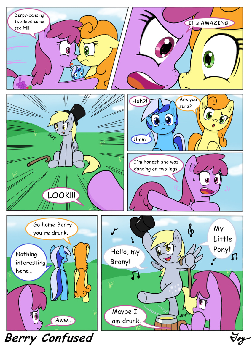 apple_cider berry_punch_(mlp) blonde_hair blue_eyes cane carrot_top_(mlp) colgate_(mlp) comic cutie_mark dancing derp derpy_hooves_(mlp) dialog english_text equine female feral friendship_is_magic green_eyes hair hat horn horse looney_tunes mammal michigan_j_frog musical_note my_little_pony open_mouth orange_hair outside parody pegasus pony text tikyotheenigma top_hat unicorn warner_brothers wings yellow_eyes