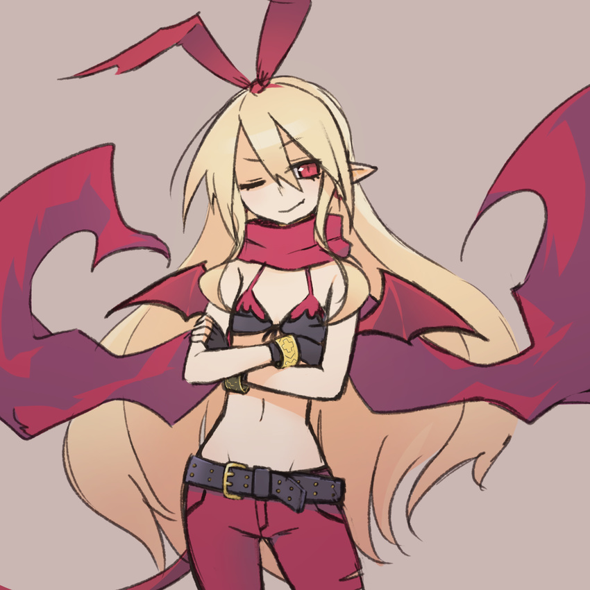 ;) bare_shoulders belt bikini_top black_gloves blonde_hair bracelet closed_mouth cosplay crossed_arms demon_tail demon_wings disgaea disgaea_d2 fingerless_gloves flat_chest flonne flonne_(fallen_angel) front-tie_top gloves groin hair_ribbon highres jewelry laharl-chan laharl-chan_(cosplay) long_hair midriff navel one_eye_closed pointy_ears red_eyes red_scarf red_wings ribbon scarf smile solo tail very_long_hair wings
