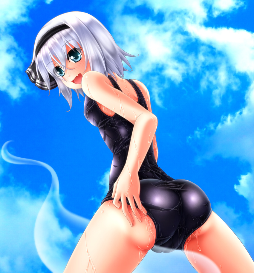 aqua_eyes ass cameltoe cloud day evandragon highres konpaku_youmu looking_back one-piece_swimsuit school_swimsuit short_hair sky solo sweat swimsuit touhou