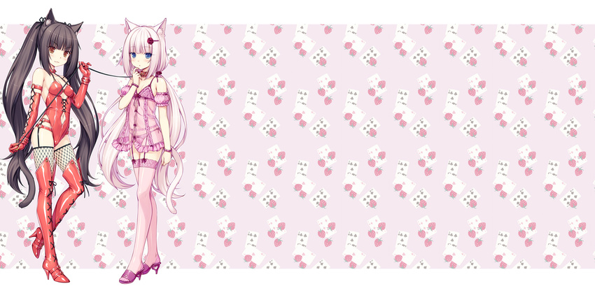 :3 ace_of_hearts animal_ears babydoll bdsm black_hair bondage boots bound card cat_ears cat_tail chocola_(sayori) collar crossed_legs dominatrix elbow_gloves fishnets five_of_clubs food fruit full_body garter_belt garters gloves high_heel_boots high_heels highres leash lingerie long_hair multiple_girls navel nekopara panties patterned_background pink_background playing_card red_gloves sayori scan seven_of_diamonds shoes six_of_spades strawberry tail thigh_boots thighhighs twintails underwear vanilla_(sayori) very_long_hair watson_cross white_hair