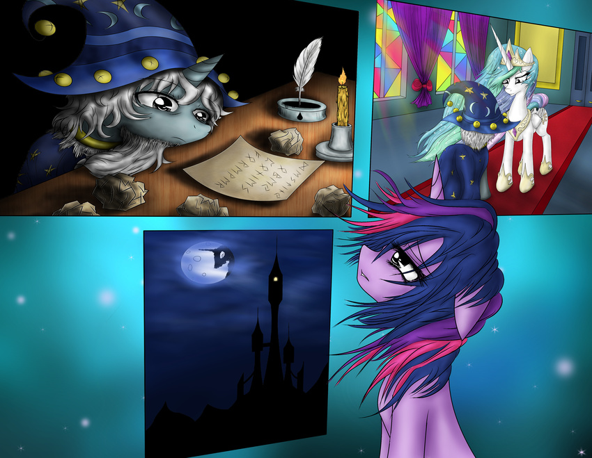 alcor90 alcor_(artist) crown equine female feral friendship_is_magic grey_hair hair hat hi_res horn horse male mammal multi-colored_hair my_little_pony pony princess princess_celestia_(mlp) purple_hair quill royalty starswirl_the_bearded_(mlp) thumbnail twilight_sparkle_(mlp) unicorn winged_unicorn wings