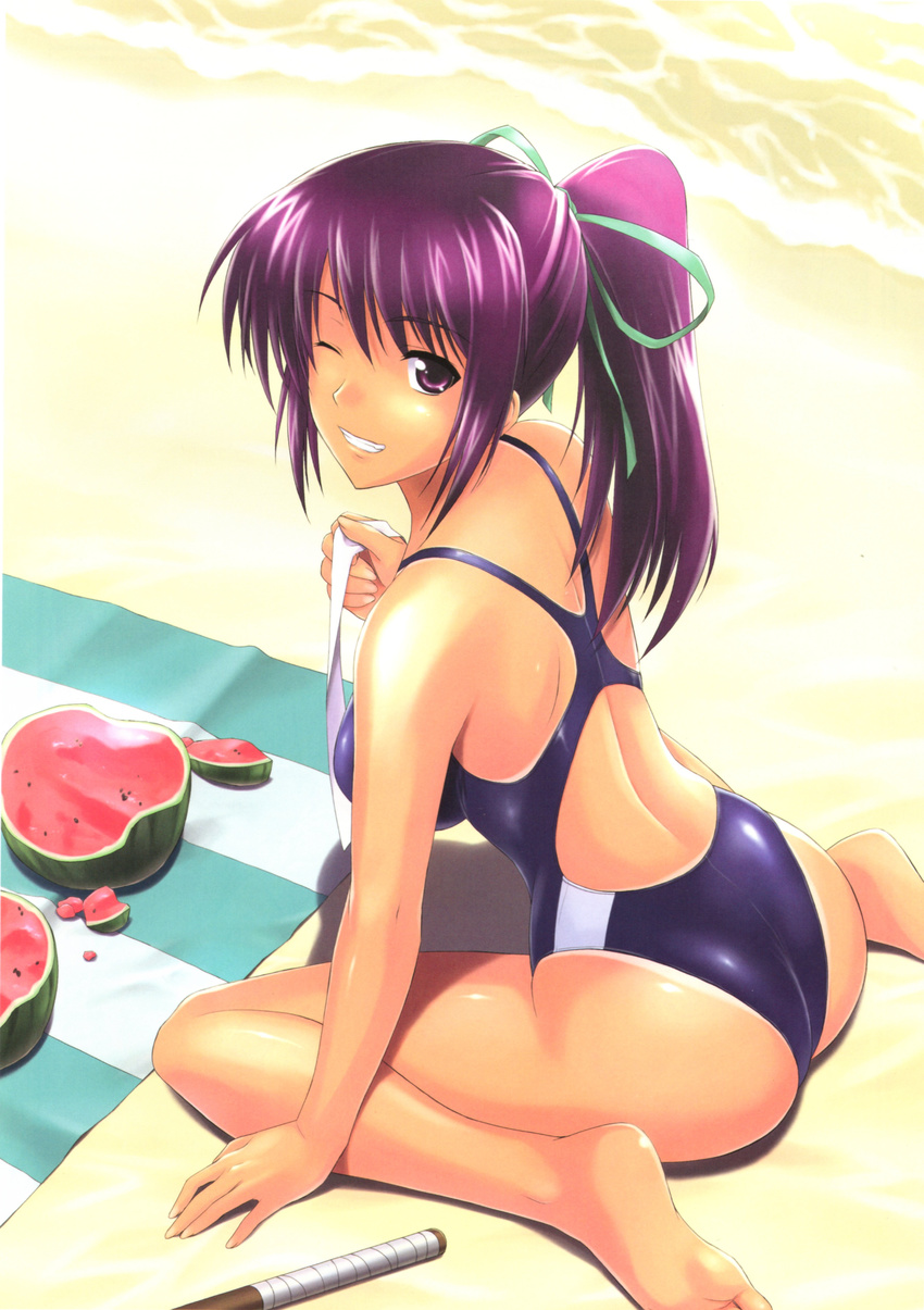 1girl absurdres ass back barefoot beach blanket breasts competition_swimsuit feet food fruit grin hair_ribbon highres ishigaki_takashi large_breasts looking_back one-piece_swimsuit ponytail purple_eyes purple_hair ribbon sitting smile soles solo suikawari swimsuit tan tanline toes wariza watermelon