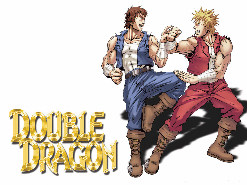 angry armband artist_request billy_lee blonde_hair boots brothers brown_hair double_dragon duel highres jimmy_lee logo male_focus manly martial_arts mullet multiple_boys muscle official_art promotional_art siblings spiked_hair training vest
