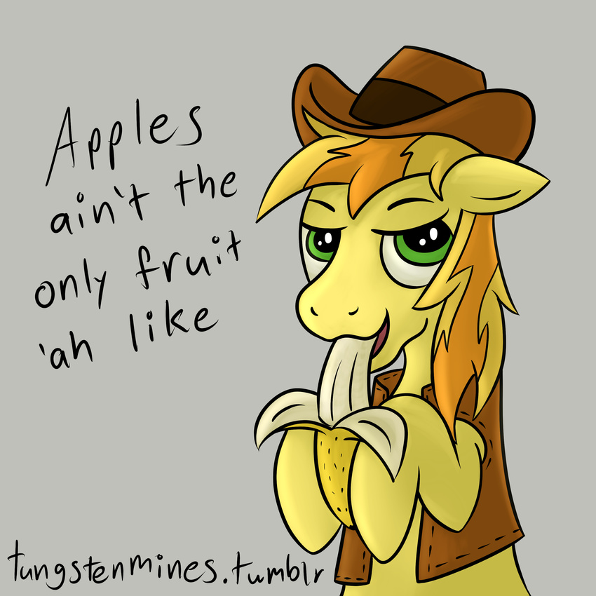 braeburn_(mlp) clothing cowboy_hat english_text equine feral food friendship_is_magic fruit ginger-dilettante green_eyes hair hat hi_res horse long_hair male mammal multi-colored_hair my_little_pony pony solo suggestive suggestive_food text vest