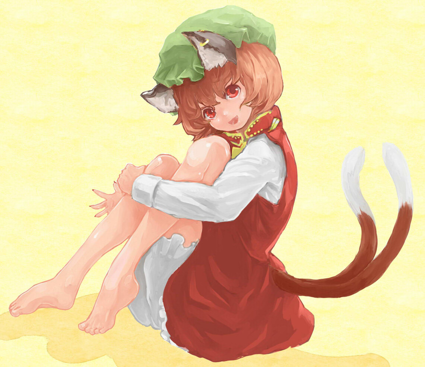 animal_ears barefoot bloomers brown_hair cat_ears cat_tail chen earrings hat jewelry knees_up ma_nyan_(nyao_mao_nyao) multiple_tails nail_polish red_eyes short_hair single_earring sitting smile solo tail touhou underwear