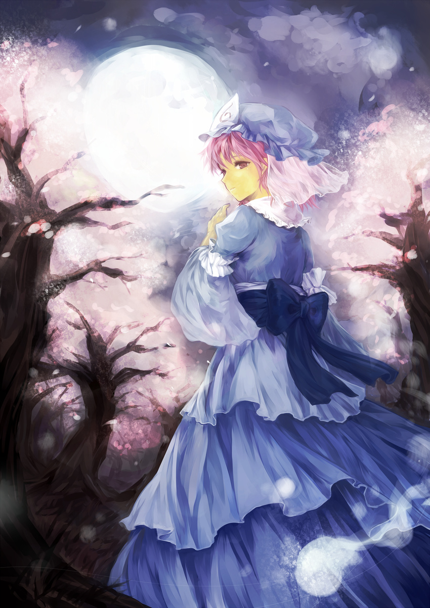 chagu cherry_blossoms dress from_behind full_moon ghost hat highres looking_at_viewer moon pink_eyes pink_hair saigyouji_yuyuko solo touhou tree triangular_headpiece