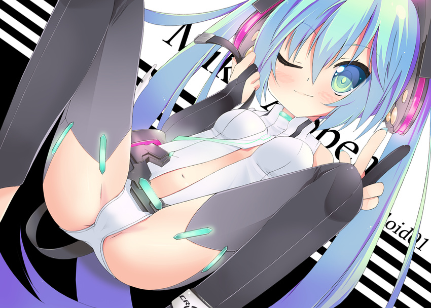 blush bodysuit center_opening elbow_gloves gloves green_eyes green_hair hatsune_miku hatsune_miku_(append) headphones leotard long_hair navel one_eye_closed ribbon sitting smile solo spread_legs thighhighs torinannkotsukushi twintails v very_long_hair vocaloid vocaloid_append