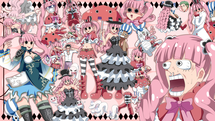 16:9 :d :p all_fours alternate_costume bandage bare_shoulders black_dress black_hair black_legwear blush bow breasts breath cleavage coat covering_ears crown crying dracule_mihawk dress drill_hair eyes_closed flower foaming_at_the_mouth frown gecko_moria ghost gloves green_hair hat heart highres imagining isuka jewelry kneeling kumacy kuraigana_island long_hair midriff multiple_persona navel necklace one_piece one_piece:_pirate_warriors open_mouth parasol perona pink_hair roronoa_zoro rose shichibukai sitting skirt smile standing striped striped_legwear stuffed_animal stuffed_toy surprised sweat thought_bubble thriller_bark tongue tongue_out top-down_bottom-up top_hat twintails umbrella white_legwear