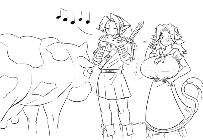 1boy 1girl animal_ears apron blush boots breast_expansion breasts comic cow cow_ears cow_girl cow_horns cow_tail greyscale hat horns huge_breasts instrument lineart link long_hair malon master_sword matsu-sensei monochrome musical_note neckerchief ocarina older over_shoulder pointy_ears skirt sword sword_over_shoulder tail the_legend_of_zelda the_legend_of_zelda:_ocarina_of_time transformation tunic udder waist_apron weapon weapon_over_shoulder wince