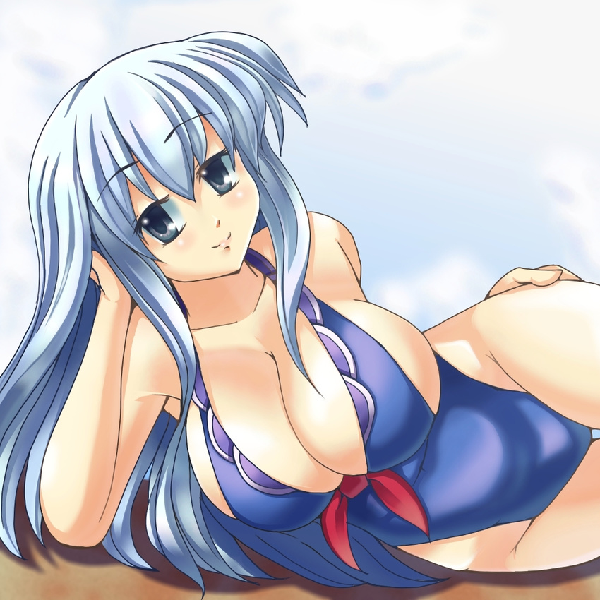 adapted_costume blue_hair breasts cleavage easily kamishirasawa_keine large_breasts long_hair lying one-piece_swimsuit silver_eyes silver_hair smile solo swimsuit touhou