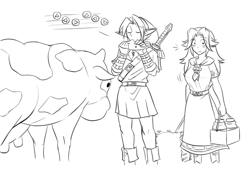 1boy 1girl apron blush boots breast_expansion breasts comic cow gameplay_mechanics greyscale hat instrument large_breasts lineart link long_hair malon master_sword matsu-sensei monochrome neckerchief ocarina older over_shoulder pointy_ears skirt surprised sword sword_over_shoulder the_legend_of_zelda the_legend_of_zelda:_ocarina_of_time transformation tunic udder waist_apron weapon weapon_over_shoulder