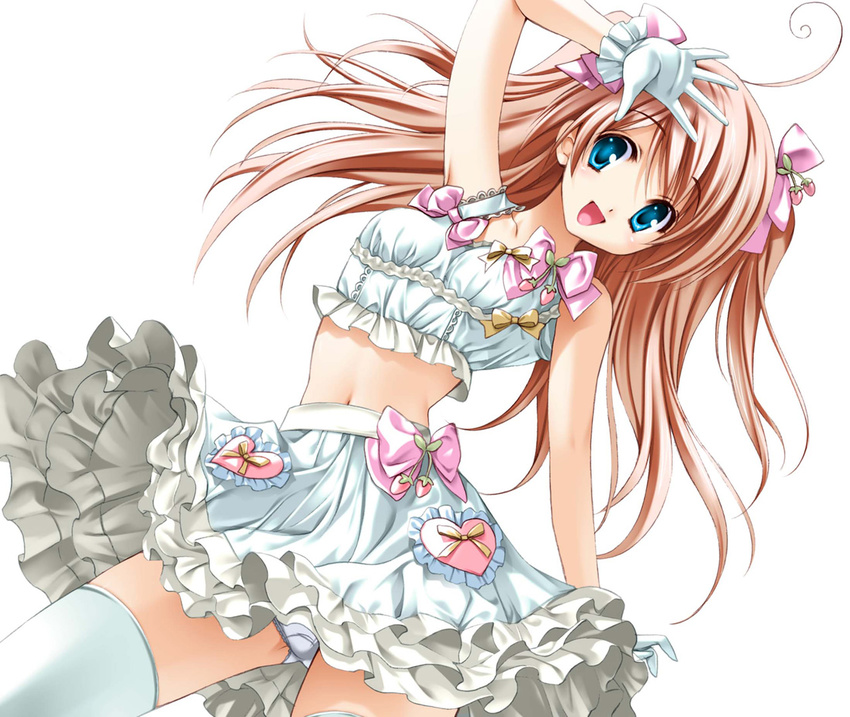 :d ahoge aqua_eyes arm_up bare_shoulders bow brown_hair copyright_request food frills fruit gloves hair_bow hair_ribbon long_hair midriff navel open_mouth outstretched_hand panties pantyshot ribbon simple_background smile solo strawberry thighhighs underwear white_legwear white_panties yukiwo