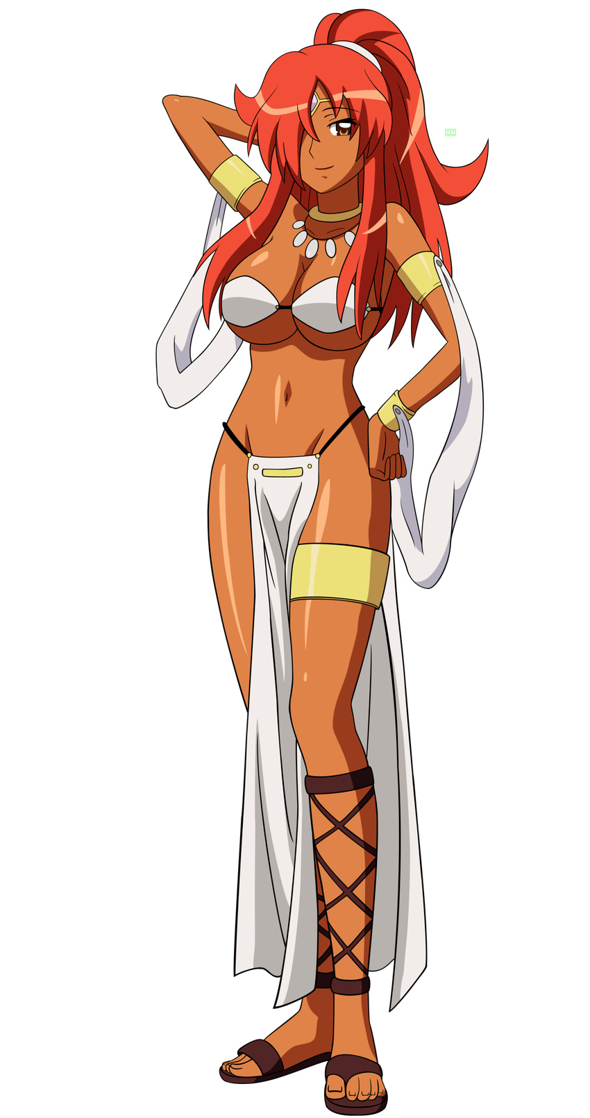 absurdres bikini breasts brown_eyes dark_skin full_body hair_over_one_eye highres jewelry kebinu kirche_augusta_frederica_von_anhalt_zerbst large_breasts loincloth long_hair necklace pelvic_curtain ponytail red_hair sandals smile solo standing swimsuit transparent_background vector_trace zero_no_tsukaima