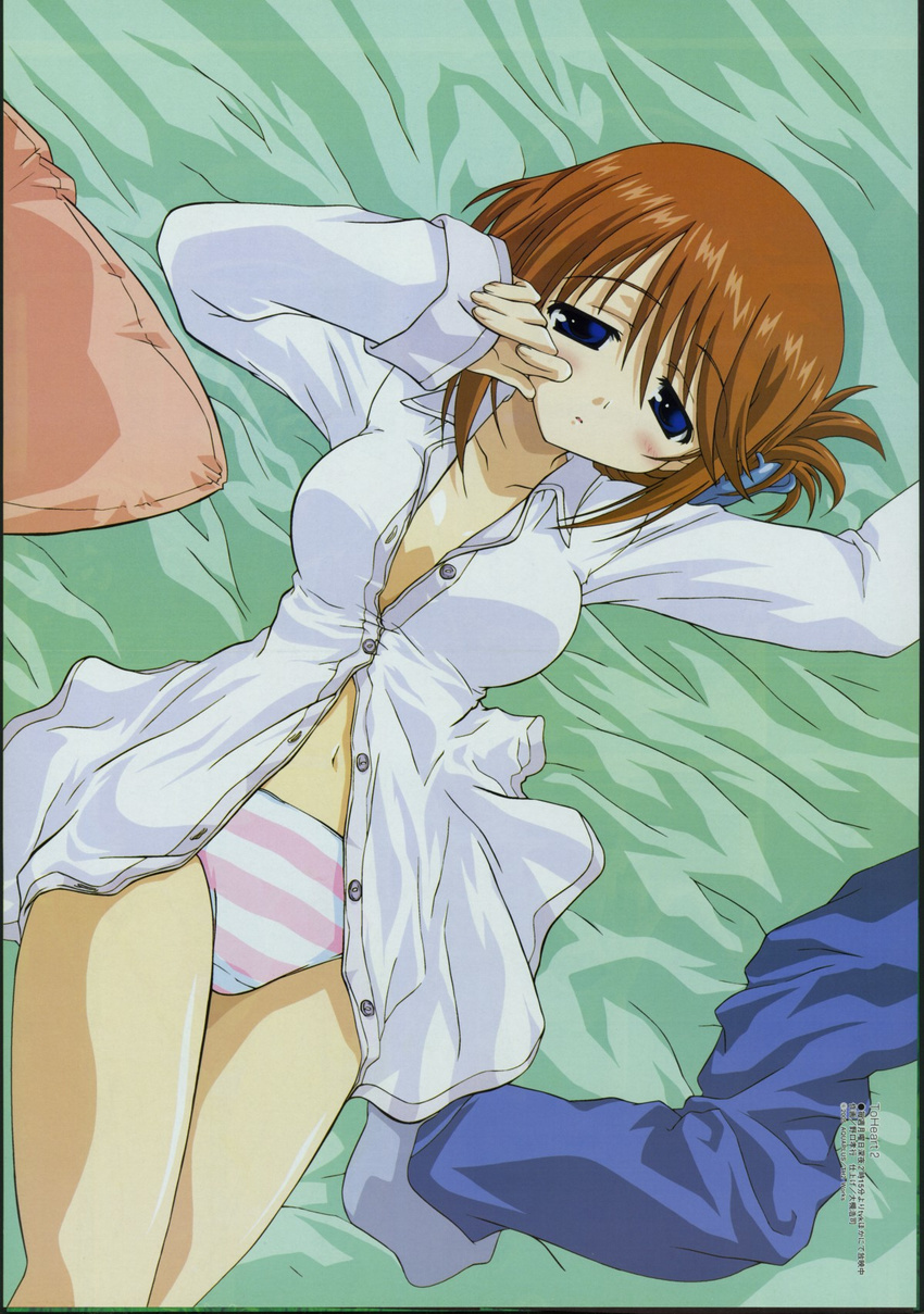 arm_up bangs bed_sheet blue_eyes blush breasts brown_hair buttons clenched_hand clothes_removed collarbone collared_shirt cowboy_shot dress_shirt dutch_angle eyebrows_visible_through_hair folded_ponytail from_above hair_between_eyes hair_ornament hairclip half-closed_eyes hand_up highres indoors komaki_manaka legs_together long_sleeves looking_at_viewer lying medium_breasts megami navel no_bra no_pants noguchi_takayuki official_art on_back on_bed open_clothes open_shirt panties parted_bangs parted_lips pillow pink_panties shirt short_hair sidelocks sleepy sleeve_cuffs solo striped striped_panties to_heart_2 unbuttoned underwear white_panties white_shirt