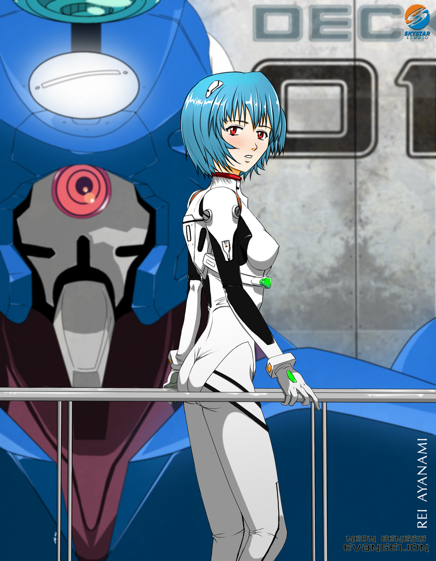 absurdres alex_knight ass ayanami_rei bad_id bad_pixiv_id bangs blue_hair blurry blush bodysuit bracer breasts character_name copyright_name covered_nipples cyclops dated depth_of_field eva_00 from_side gloves hand_on_railing highres indoors kneepits legs_together looking_at_viewer looking_back medium_breasts neon_genesis_evangelion number one-eyed parted_lips pilot_suit plugsuit railing red_eyes short_hair signature skinny solo standing turtleneck watermark white_bodysuit