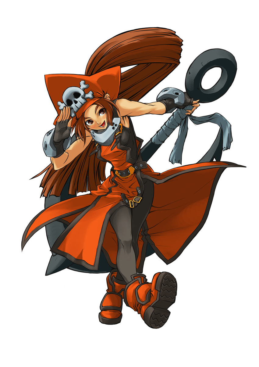 absurdres anchor artist_request bicorne brown_hair gloves guilty_gear hat highres long_hair may_(guilty_gear) official_art orange_hat orange_shirt pantyhose pirate pirate_hat salute shirt skull_and_crossbones solo