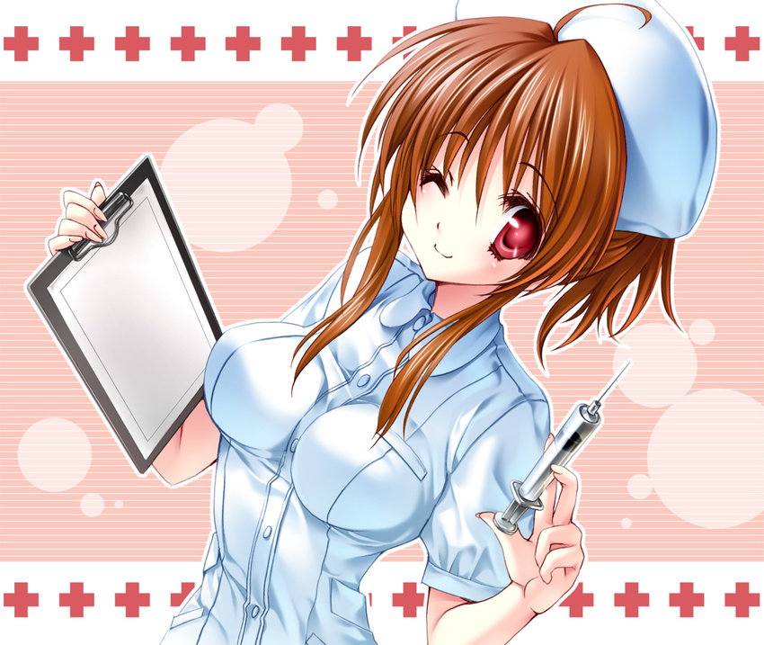 ahoge brown_hair clipboard copyright_request hat nurse nurse_cap one_eye_closed solo syringe yukiwo