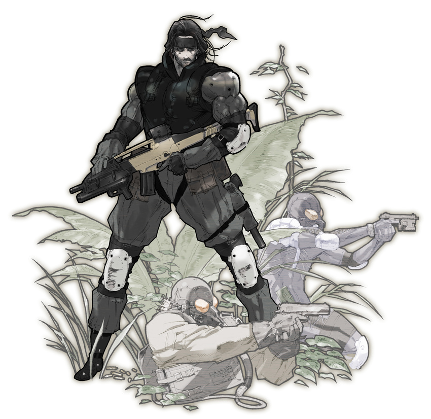 absurdres gas_mask gun headband highres male_focus masao_tsubasa metal_gear_(series) metal_gear_acid official_art plant rifle solid_snake solo weapon xm8