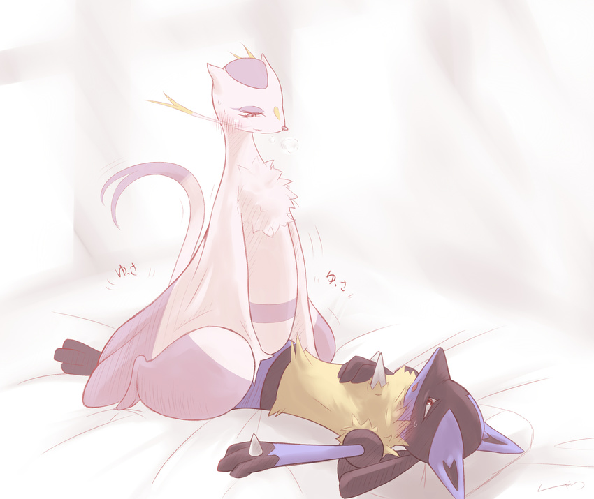 blush breath cowgirl_position duo eye_contact female hi_res interspecies lucario lying male mienshao nessysalmon nintendo on_back on_top open_mouth pok&#233;mon porkyman sex simple_background straddling straight sweat video_games