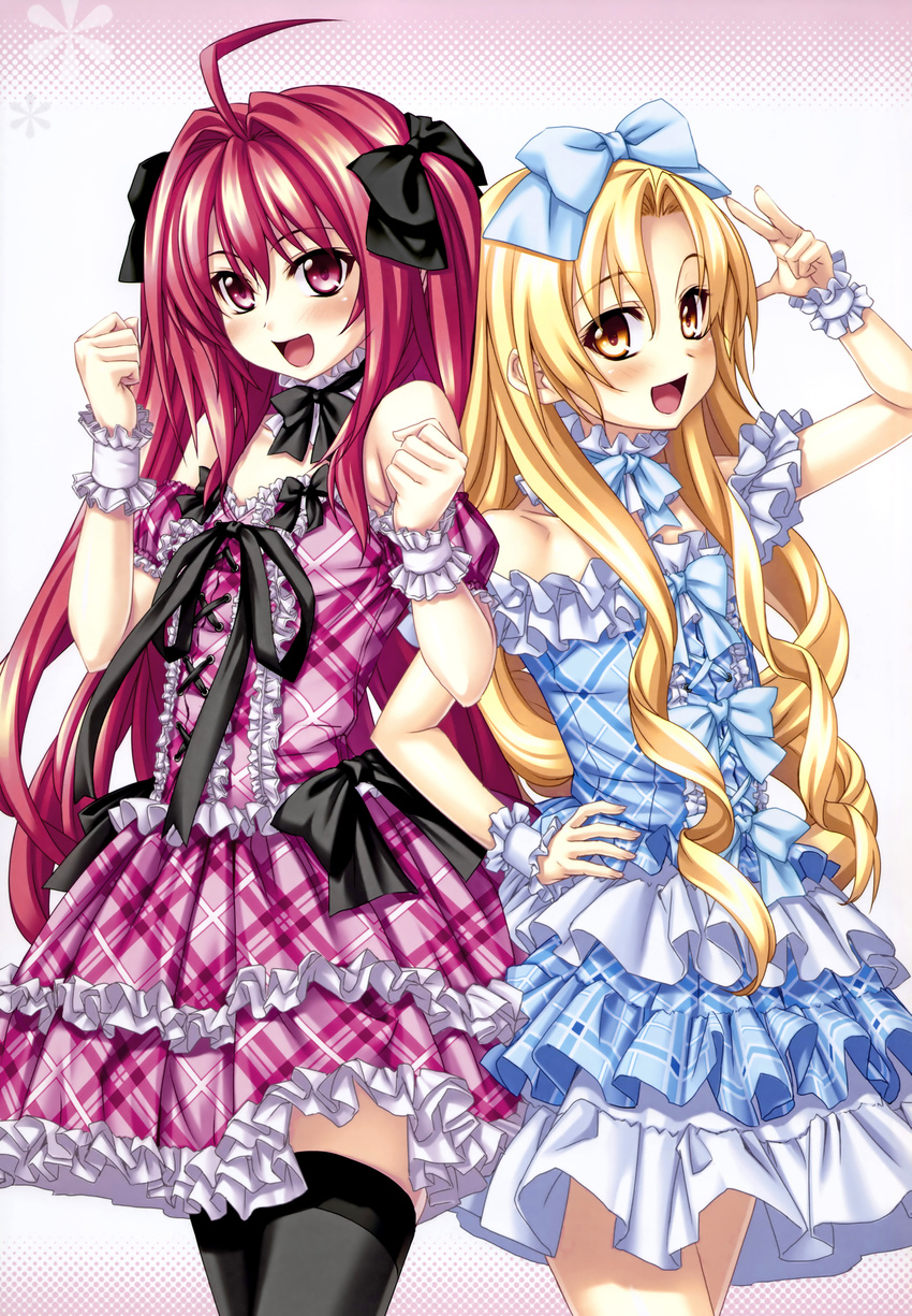 :d absurdres ahoge bangs bare_shoulders black_legwear blonde_hair bow clenched_hands collar corticarte_apa_lagranges detached_collar dress drill_hair flat_chest frilled_collar frilled_dress frills gradient gradient_background hair_bow hair_ribbon halftone hand_on_hip highres iaritikke_sin_goluot kannatsuki_noboru long_hair multiple_girls open_mouth parted_bangs plaid plaid_dress red_eyes red_hair ribbon shinkyoku_soukai_polyphonica sidelocks simple_background smile tareme thighhighs tsurime two_side_up v wrist_cuffs yellow_eyes
