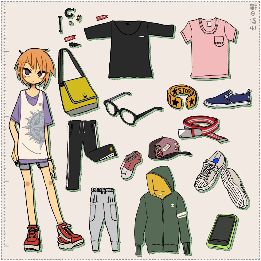 1girl bag cap cellphone female full_body glasses hat hood hoodie ootorii_bisetsu orange_hair original pants phone shoes short_hair smartphone socks solo