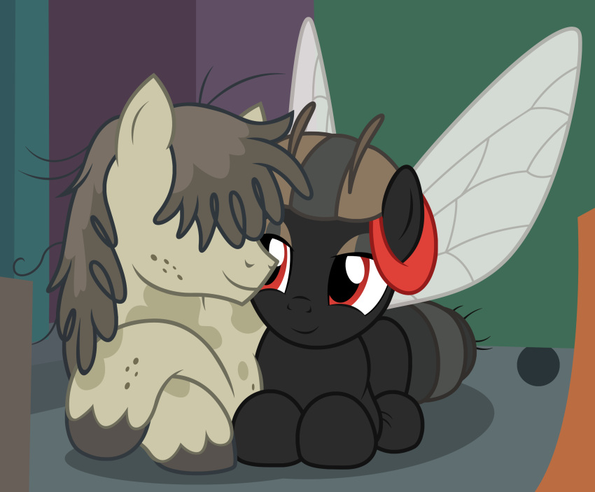 2019 alley antennae arthropod badumsquish bedroom_eyes cuddling dirty dumpster duo equine fan_character female fly friendship_is_magic hair half-closed_eyes horse hybrid insect male mammal messy_hair my_little_pony pigpen_(mlp) pony red_eyes seductive