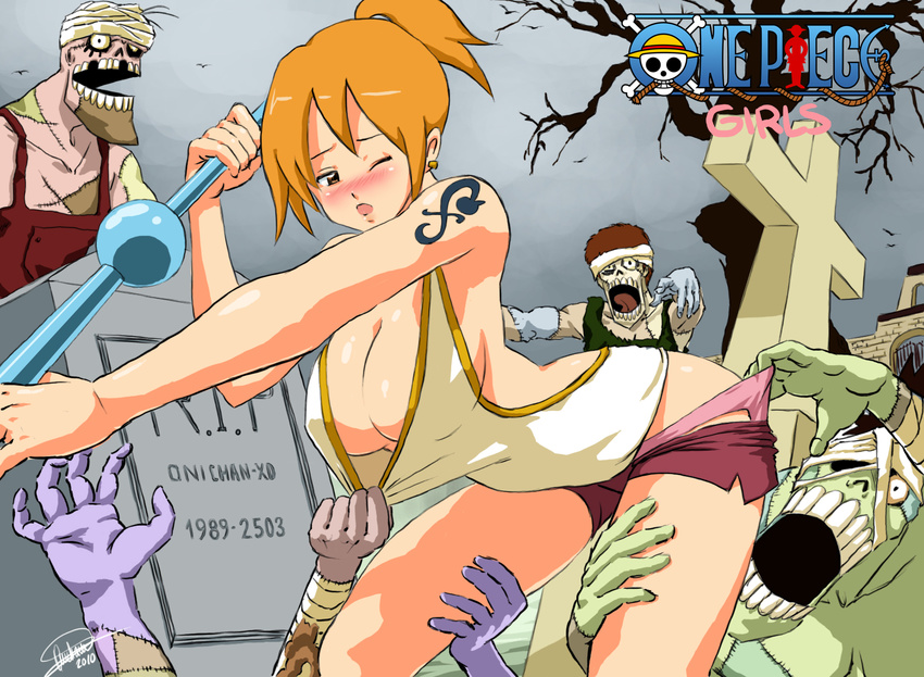 1girl bandage blush breasts cleavage copyright_name graveyard halter_top halterneck highres nami nami_(one_piece) one_piece orange_hair tattoo thriller_bark tombstone weapon wince zombie