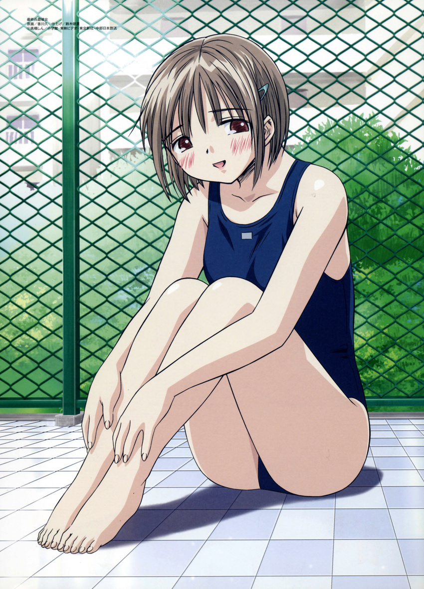 1girl absurdres barefoot blush brown_hair chise feet female highres kagawa_hisashi saishuu_heiki_kanojo swimsuit