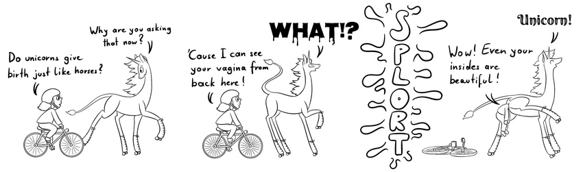 bicycle black_and_white equine female heavenly_nostrils helmet horn human invalid_tag mammal marigold monochrome phoebe sen-en size_difference stuck unbirthing unicorn vore