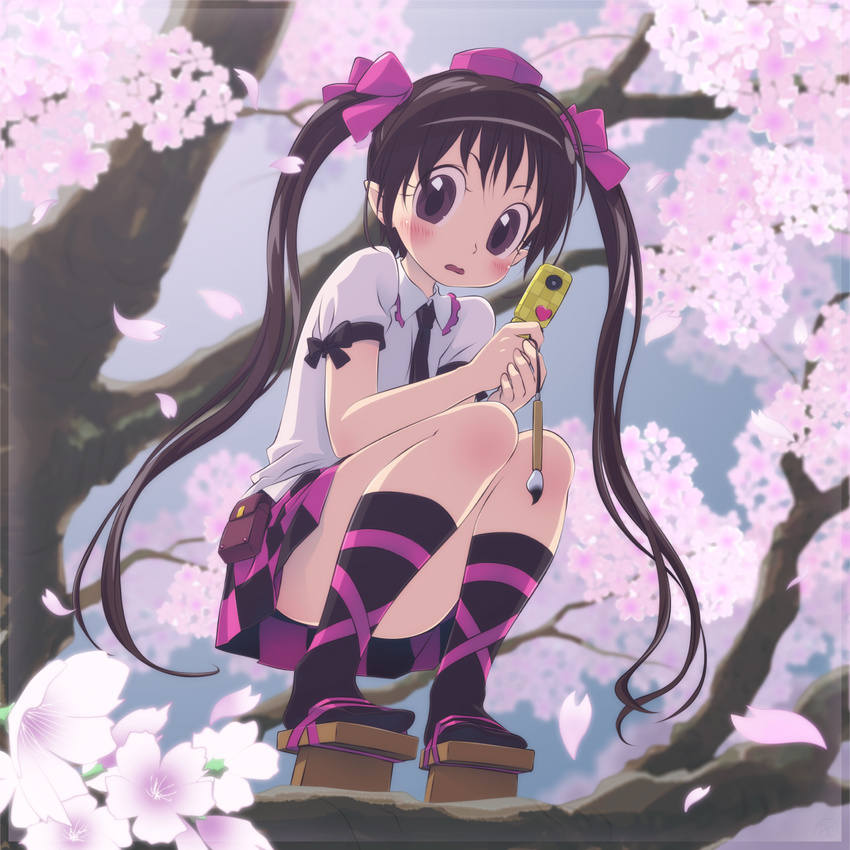 ah-negitorow blush brown_hair calligraphy_brush cellphone checkered convenient_leg geta hat highres himekaidou_hatate long_hair looking_at_viewer necktie paintbrush phone pointy_ears skirt solo squatting tokin_hat touhou tree twintails