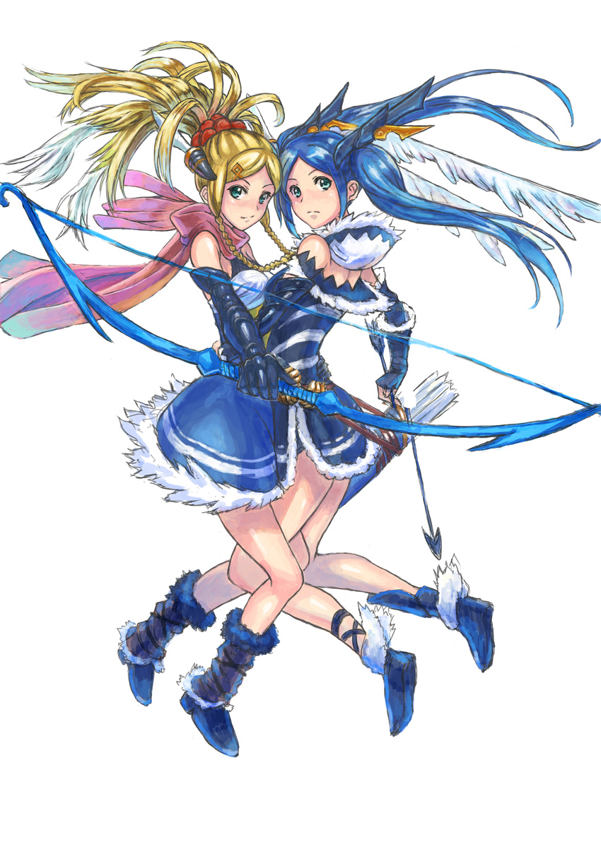 absurdres arm_around_waist arrow bare_shoulders blonde_hair blue_eyes blue_hair bow_(weapon) cocoroten fur_trim hair_ornament hairclip highres idunn_&amp;_idunna magic multiple_girls puzzle_&amp;_dragons quiver twintails weapon