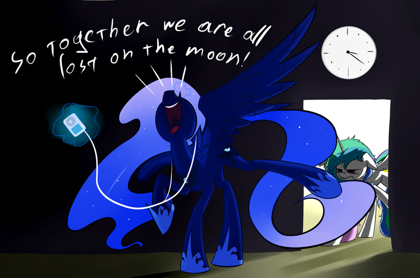 clock cutie_mark dialog english_text equine female feral friendship_is_magic hair headphones horn horse ipod levitation magic mammal messy_hair multi-colored_hair my_little_pony necklace pony princess princess_celestia_(mlp) princess_luna_(mlp) royalty singing sparkles text underpable winged_unicorn wings