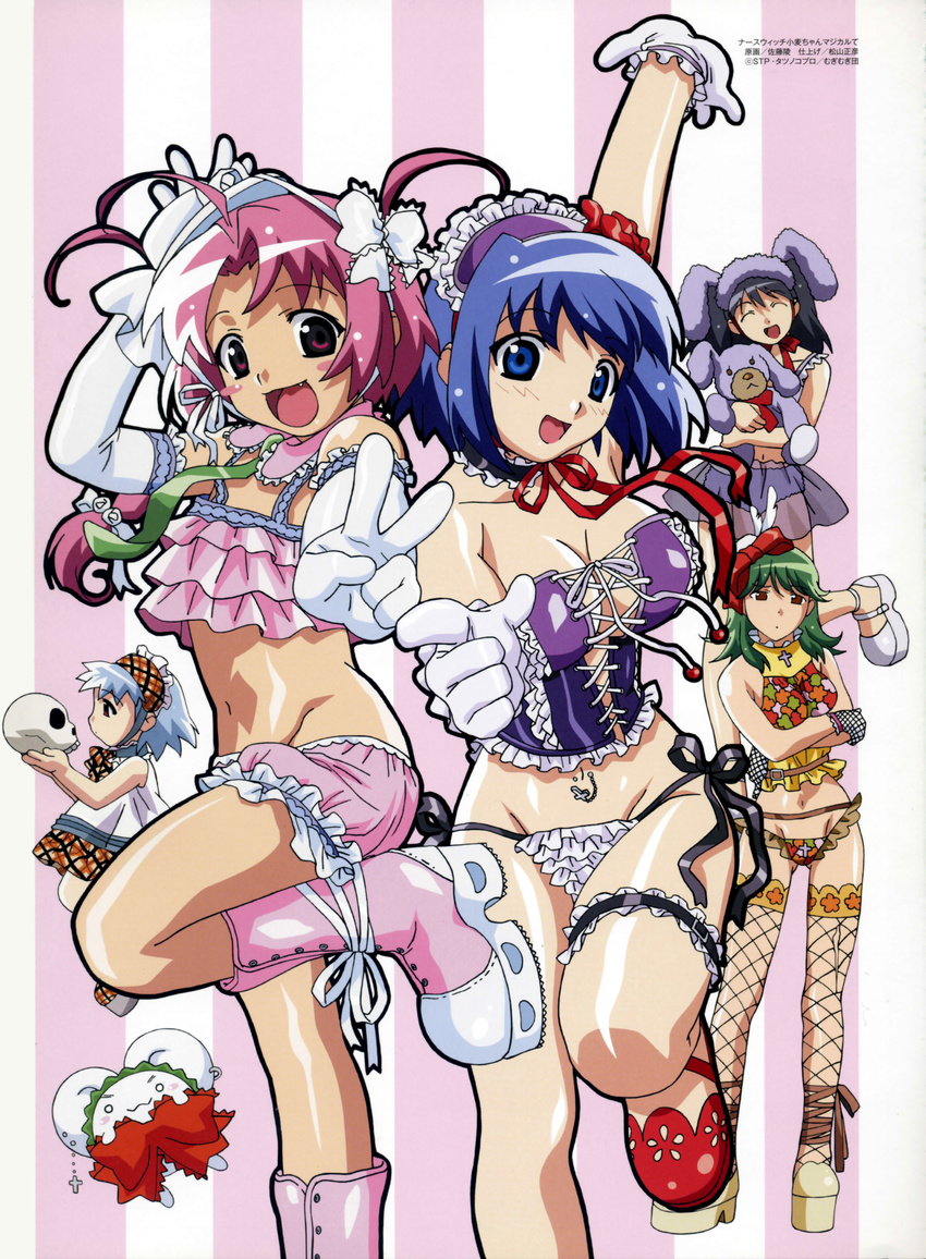 5girls :&lt; :3 ^_^ absurdres age_difference ahoge akiba_megumi animal_ears aqua_hair blue_eyes blue_hair blush blush_stickers boots bow braid breasts bunny_ears camisole chemise child choker cleavage corset crop_top cross crossed_arms dress earrings eyes_closed fang fishnet_legwear fishnets flat_chest frilled_panties frills garters gloves green_hair hairband highres huge_breasts jewelry kokubunji_koyori large_breasts leg_lift legwear lingerie long_hair lowleg lowleg_panties midriff mound_of_venus mugi-maru mugimaru multiple_girls nakahara_komugi navel navel_piercing nurse_witch_komugi-chan o_o panties piercing plaid pointing red_eyes ribbon sakurai_asuka satou_riku scan see-through short_hair side-tie_panties silver_hair skull soul_taker stuffed_animal stuffed_toy tatsunoko thighhighs tokisaka_runa twintails underwear v