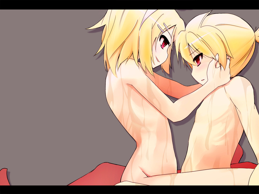 1girl blonde_hair blush brother_and_sister eye_contact grey_background incest kagamine_len kagamine_rin letterboxed looking_at_another nude pon_(shind_997) red_eyes siblings simple_background straddling twincest twins vocaloid