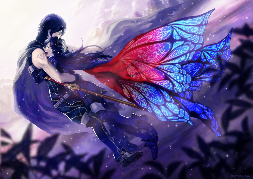 1girl armor blue_eyes blue_hair butterfly_wings cape falchion_(fire_emblem) father_and_daughter fire_emblem fire_emblem:_kakusei hug krom long_hair lucina moppect multicolored multicolored_wings sheath sheathed sword tears weapon wings