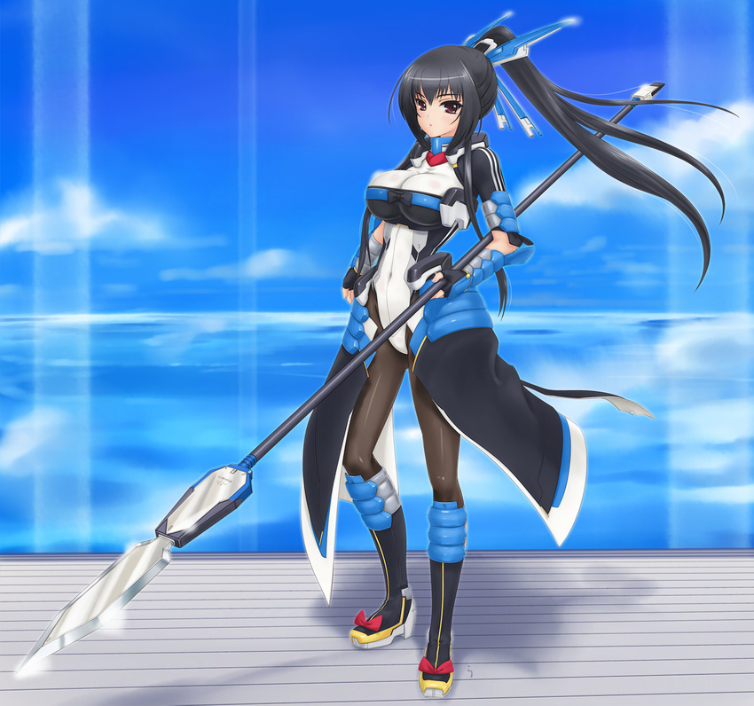 armor black_hair black_legwear bodysuit boots bow breasts cleavage cloud day fingerless_gloves gloves highres honda_futayo kyoukaisenjou_no_horizon large_breasts long_hair pantyhose polearm ponytail purple_eyes rasukaru sky solo spear tonbokiri_(horizon) weapon