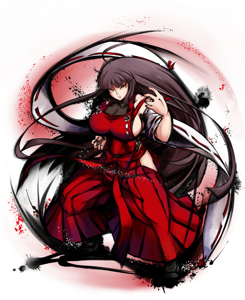 ahoge bare_shoulders black_hair breasts detached_sleeves fighting_stance hakama highres huge_ahoge huge_breasts ikeno_daigo_(style) inkblot japanese_clothes leotard long_hair m.u.g.e.n nontraditional_miko original parody red_hakama rekise sendai_hakurei_no_miko sideboob solo street_fighter street_fighter_iv_(series) style_parody touhou very_long_hair wide_sleeves yellow_eyes