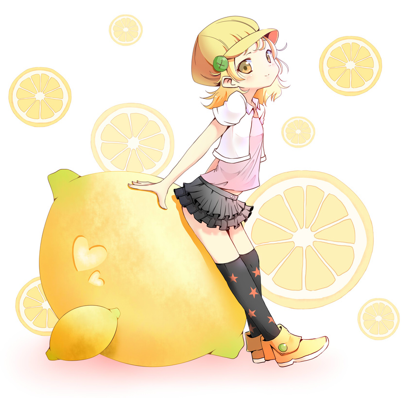 bad_id bad_pixiv_id blonde_hair child food fruit hat heart highres lemon original over-kneehighs shoes skirt solo take_(office-t) thighhighs yellow_eyes