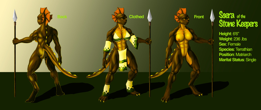 abs back biceps breasts butt clothed clothing female front invalid_tag lizard model_sheet muscles muscular_female nipples nude pogiforce polearm pussy reptile scalie skimpy solo spear tribal warrior weapon