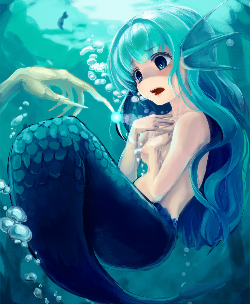 blue_eyes blue_hair bubble fingernails hands head_fins highres long_fingernails long_hair mermaid mizutsu monster_girl nude original surprised underwater water