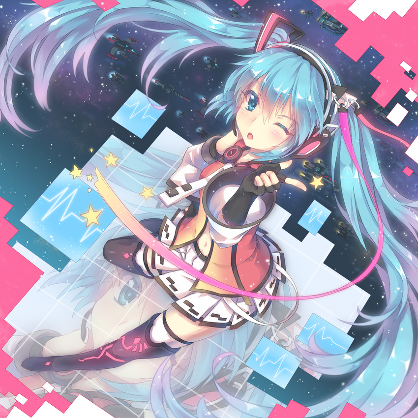 absurdres aqua_eyes aqua_hair boots detached_sleeves fingerless_gloves freely_tomorrow_(vocaloid) gloves hand_on_hip hatsune_miku headset highres long_hair navel necktie north_abyssor one_eye_closed open_mouth project_diva_(series) project_diva_f skirt solo space_craft star thigh_boots thighhighs twintails very_long_hair vocaloid zoom_layer