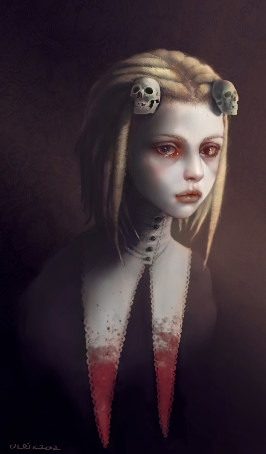 bad_id bad_pixiv_id blonde_hair blood dated face hairlocs heterochromia highres lenore lenore_lynchfast lips looking_at_viewer portrait signature skull solo ulrik